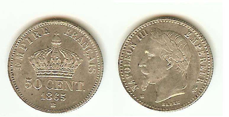 50 Centimes Napoléon III 1865BB Strasbourg TTB à TTB+